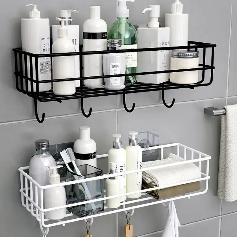 Self-Adhesive Multipurpose Bathroom Shelf with Hooks/Towel